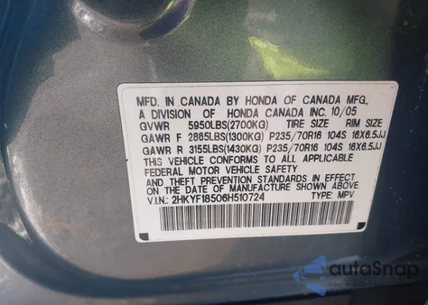 2006 Honda Pilot Ex-L из США, поврежденный, VIN 2HKYF18506H510724